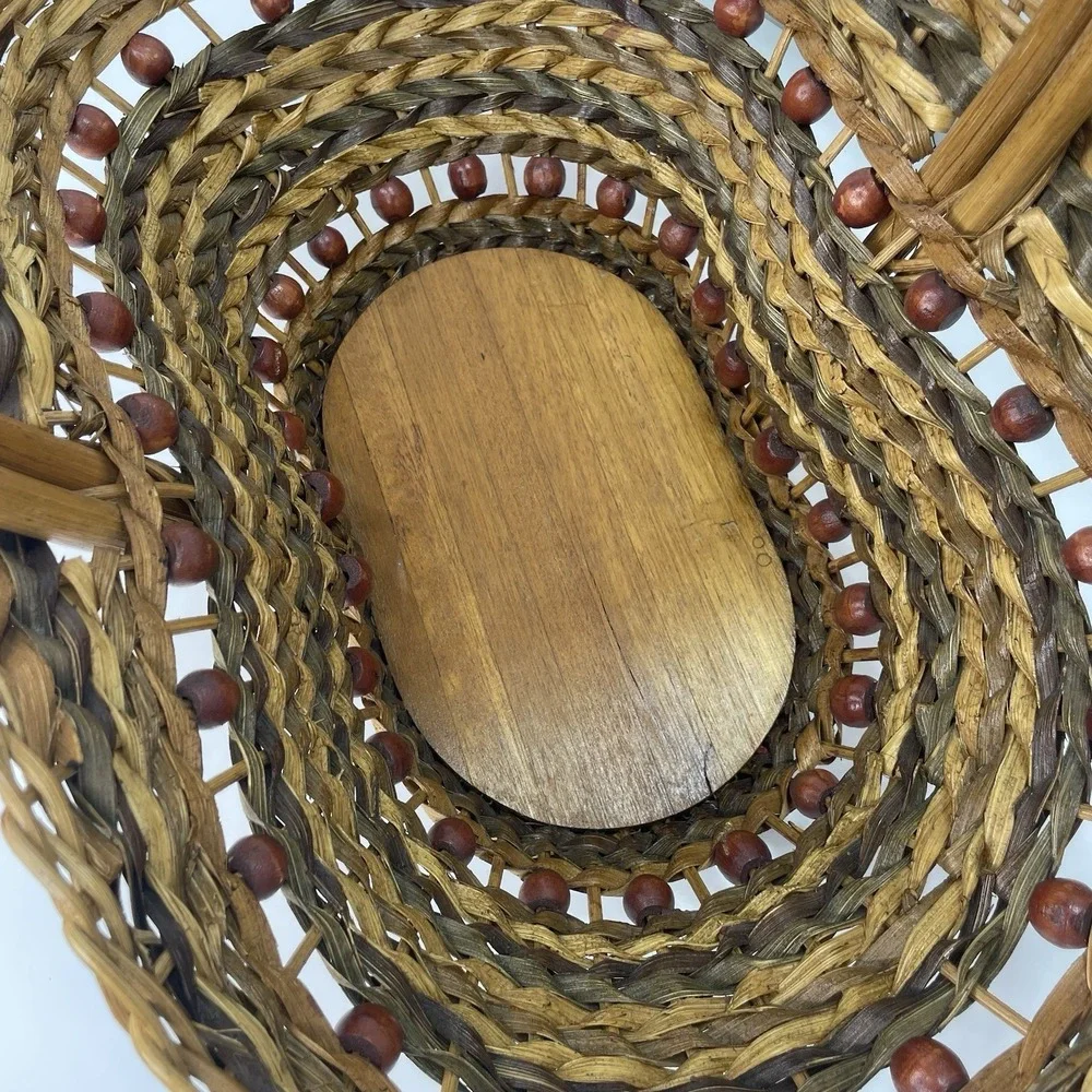 Large Vtg Willow Wicker Wood Bead Basket Handmade‎ Rattan 16.5x10.5